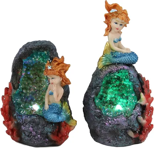 Ebros - Juego de 2 sirenas de fantasía para decoración del hogar (cola azul), diseño de sirenas de cristal de geoda, diseño de corales bajo el mar,
