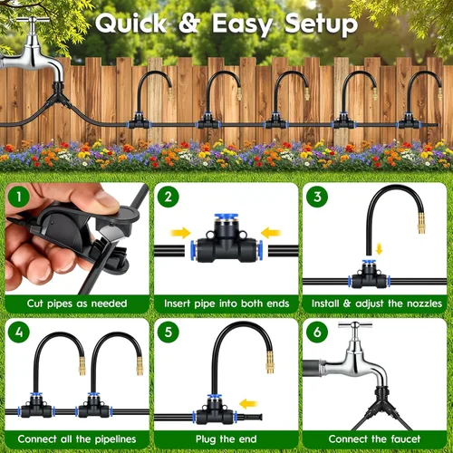 Miniatura 6 de Kit de sistema de riego por goteo ajustable de 360° de 100 pies, tubo de polietileno de 1/4 de pulgada con 20 boquillas flexibles, sistema