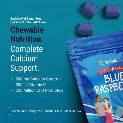 Miniatura 2 de Masticables de citrato de calcio sin azúcar BariatricPal 500mg con vitamina D y probióticos Frambuesa azul 90 unidades (Suministro para 1 mes)