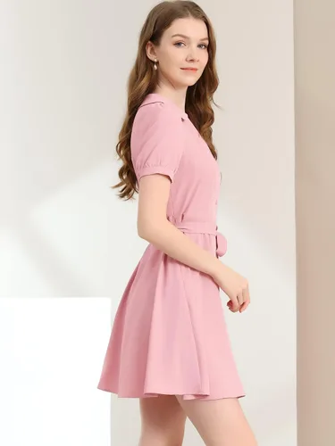 Miniatura 4 de Allegra K Vestido de mujer con cuello en V y manga corta abombada, cuello vuelto, Rosado