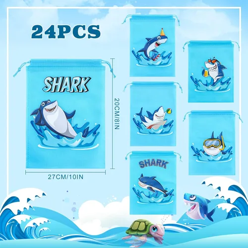 Miniatura 2 de Woanger 24 bolsas con cordón para fiesta de tiburones para niños, bolsas de regalo de fiesta de tiburón, a granel, no tejidas, con cordón, dulces