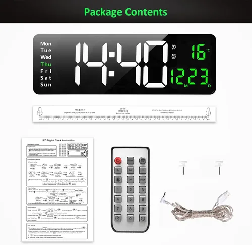 Miniatura 6 de Reloj de pared digital grande, reloj de pared digital de 16 pulgadas con hora, fecha, temperatura, semana, temporizador, 12/24 horas, atenuación