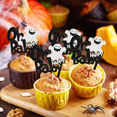 Miniatura 7 de Ephlyn 24 adornos negros para cupcakes con temática de Halloween, baby shower, niños, fiesta de cumpleaños, suministros de decoración de pasteles