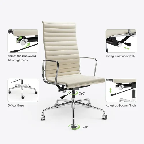 Miniatura 6 de Silla de oficina acanalada con cuero de grano superior, silla de escritorio ergonómica con respaldo alto con brazos y marco de aluminio, ruedas