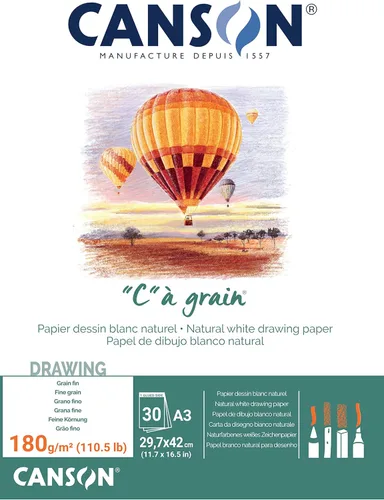 Canson "C à Grain A3 - Bloc de papel blanco para dibujo y boceto, 30 hojas, textura de grano fino, pegado en un lado corto, ideal para artistas