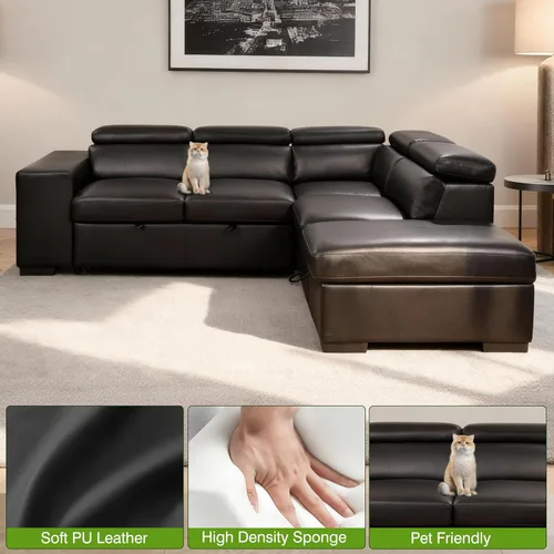 Miniatura 5 de THSUPER Sofá Seccional Reclinable de Cuero de 103 pulgadas en Forma de L con Cama Extraíble y Otomana de Almacenamiento, Sofás Convertibles