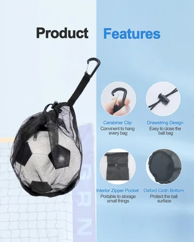 Miniatura 5 de 2Pcs Single Mesh Ball Bag for Basketball Soccer & Volleyball, Lightweight Net Storage with Zipper Pocket for Sports, Portable Drawstring Bags with