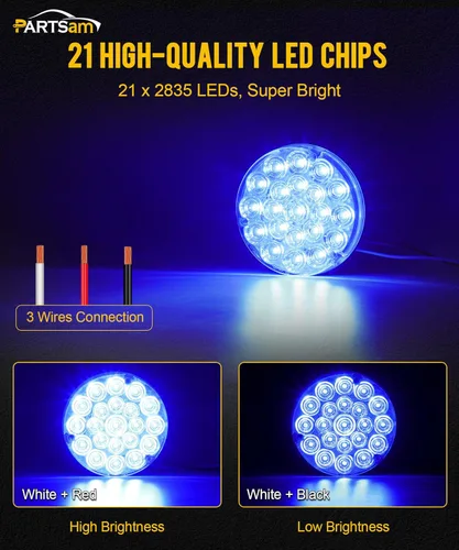 Miniatura 3 de Partsam - Luces traseras redondas de 4 pulgadas con 21-2835 LEDs azules, luces auxiliares de carga de carga con zócalo 1157, junta TPE, lente