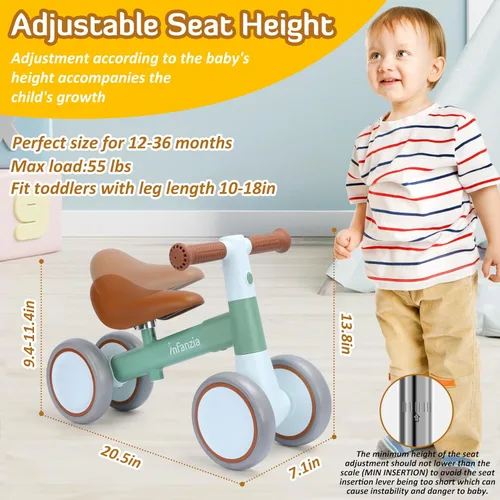 Miniatura 4 de INFANZIA Bicicleta de equilibrio para bebés de 12 a 36 meses, 1 año de edad, primera bicicleta sin pedal con asiento ajustable, 4 ruedas para bebés