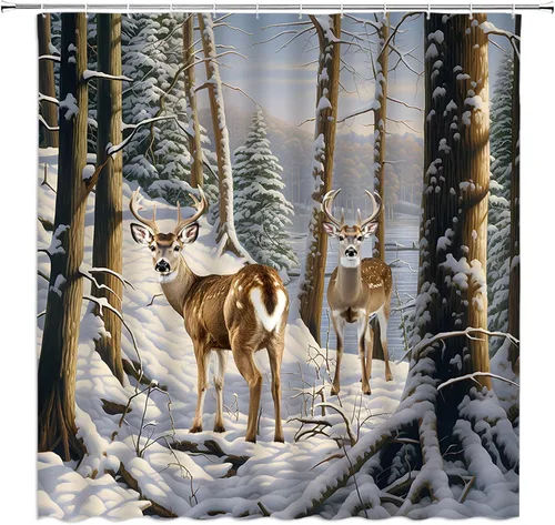 Miniatura 2 de Cortina de ducha de Navidad de invierno con pájaros rojos de Navidad, pájaros, árbol de pino, rama, bosque, copo de nieve, nevada, día festivo