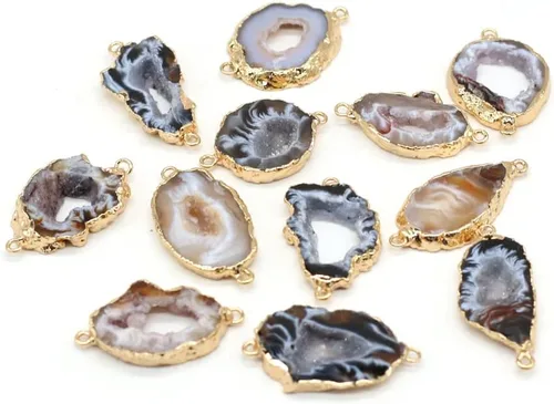 Miniatura 6 de 4pcs Conector de piedra natural forma irregular ágata chapado en oro tamaño de joyería 28x40-1.102x1.969 in, Piedra, vidrio aventurina