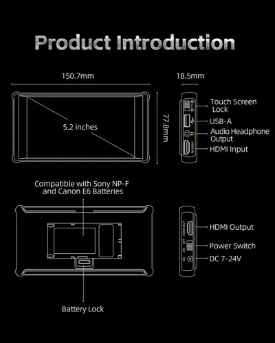 Miniatura 7 de Portkeys Monitor de Campo para Cámara PT6 5.2" 600nit Pantalla Táctil Monitor de Cámara Disparo Vertical Extensión 3D LUT Salida Amplia Gama
