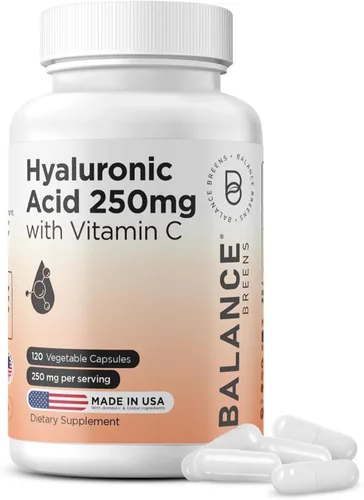 Suplemento de ácido hialurónico puro de 250 mg con vitamina C de 50 mg, 120 cápsulas veganas, hidratación de la piel para un brillo natural,