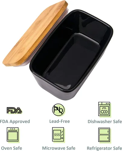Miniatura 5 de Mantequillera con tapa, recipiente de porcelana con tapa de madera para mantequilla, apto para microondas, contenedor de almacenamiento