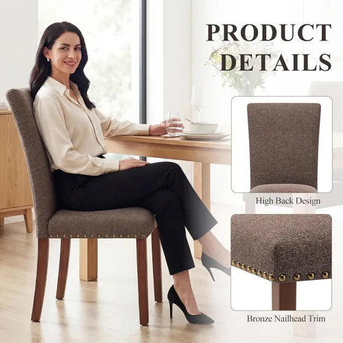 Miniatura 6 de COLAMY Parsons Juego de 4 sillas de comedor tapizadas de tela, sillas auxiliares de cocina con tapicería con clavos y patas de madera, marrón F