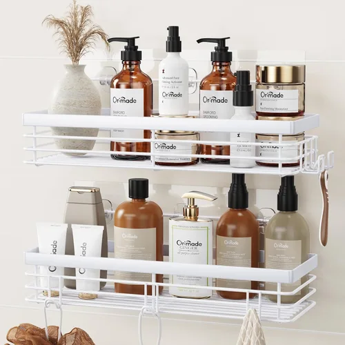 Miniatura 16 de Orimade Organizador de ducha con 5 ganchos para colgar maquinilla de afeitar y esponja, estante de ducha adhesivo, cesta de almacenamiento de baño