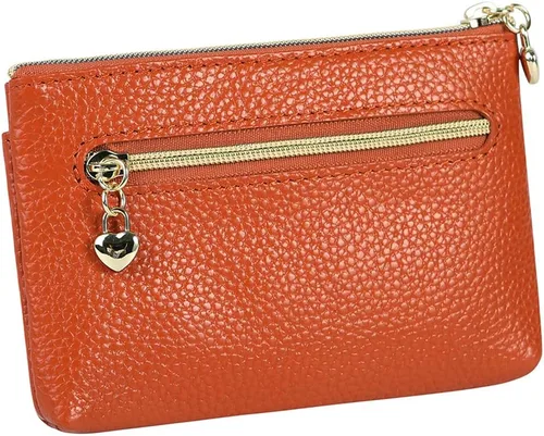 Miniatura 2 de Monedero de cuero genuino para mujer, con cremallera, tamaño de bolsillo, Marrón