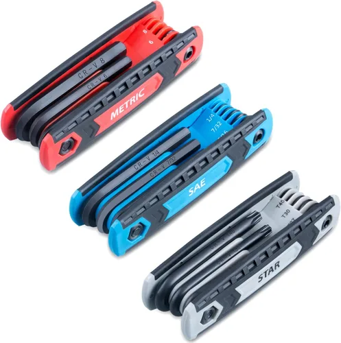 Miniatura 2 de Juego de llaves hexagonales plegables completas de 25 piezas, métricas 1.5mm - 8mm, SAE 5/64” - 1/4”, estrella T9 - T40 Acero Cr-V, puntas