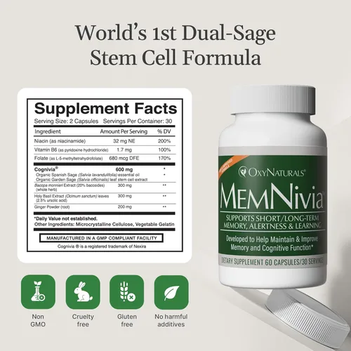 Miniatura 3 de MemNivia - Suplementos cerebrales para la memoria y la concentración Fórmula de células madre de doble salvia con Cognivia®, Bacopa, albahaca