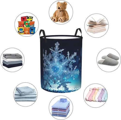 Miniatura 6 de Blue christmas snowflake print Circular Hamper Waterproof Storage Bin Organizer Basket Laundry Hamper With Handles For Clothes Toys Small