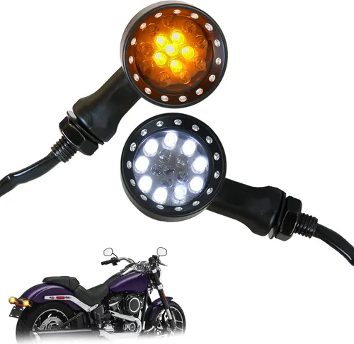 DREAMIZER - Luces de señal de giro para motocicleta, color negro, 15 LEDs, diseño de bala, luces indicadoras delanteras y traseras, luz blanca y Luz