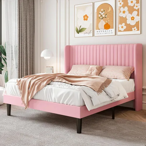 Miniatura 10 de SHA CERLIN Marco de cama de terciopelo tamaño completo con cabecera de respaldo alto con capitoné de canales verticales, cama plataforma tapizada