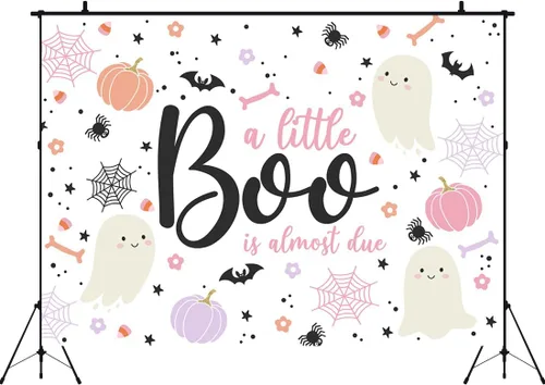 Miniatura 3 de Telón de fondo de Halloween de 6 x 4 pies para baby shower con texto en inglés "A Little Boo is Almost Due Blush Pink Pumpkin Skull Spider Web Bat
