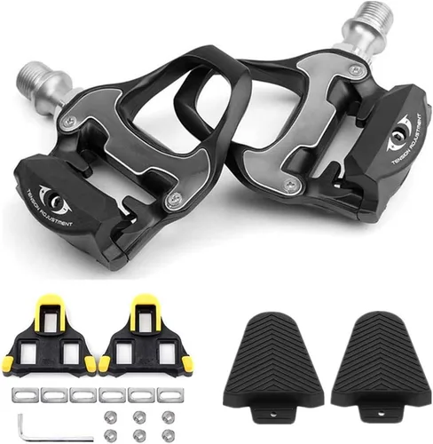 BESTYMXY Pedales de bicicleta Pedales de bicicleta de carretera Pedales ultraligeros compatibles con Shimano SPD-SL + juego de tacos + cubiertas de