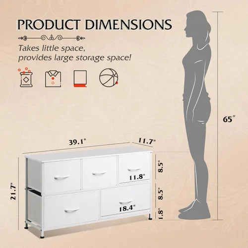 Miniatura 3 de WLIVE Cómoda para dormitorio con 5 cajones, cajonera ancha, cómoda de tela, unidad de organización de almacenamiento con contenedores de tela