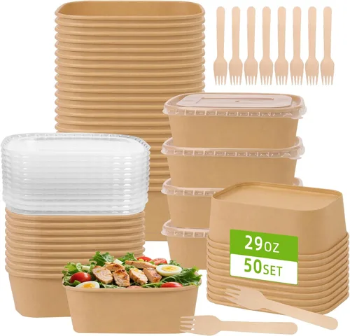 Miniatura 11 de Paquete de 50 recipientes de comida de papel de 19 onzas con tapas, recipientes de preparación de comidas, cuencos de papel grandes desechables