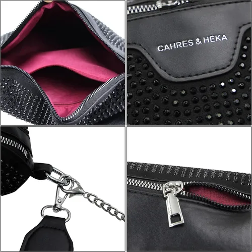 Miniatura 7 de RARITYUS Riñonera cruzada con diamantes de imitación brillantes para mujer, riñonera pequeña con cinturón, para fiesta o club, Negro, talla única