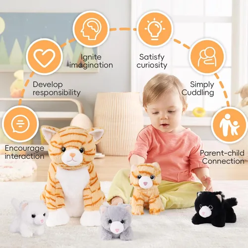 Miniatura 4 de 5 piezas de animales de peluche de gato con bebés, 12 pulgadas, mamá de peluche con 4 gatitos dentro del vientre, peluche de gato atigrado naranja
