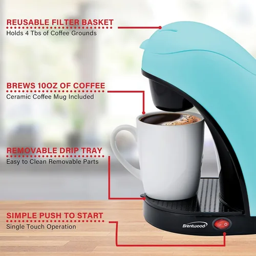 Miniatura 4 de Brentwood TS-112BL Cafetera de una sola porción con taza (azul)