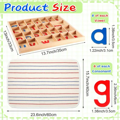 Miniatura 2 de Letras Montessori Letras móviles de madera con caja y tapete grande, letras pequeñas del alfabeto de madera, bandejas Montessori, ortografía