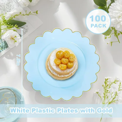 Miniatura 2 de LIYH - 100 platos de plástico azul, bordes festoneados de 7.5 pulgadas, platos desechables para postre/ensalada, color azul con borde dorado, platos