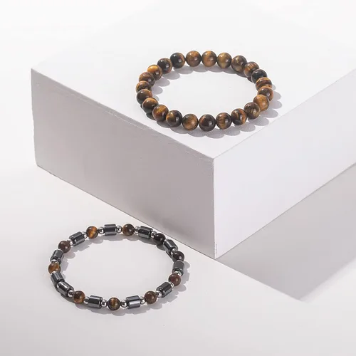 Miniatura 3 de Juego de pulseras de cuentas para hombre de 0.315 in y 0.157 in de piedras preciosas curativas trenzadas con dije de circonita cúbica, pulsera