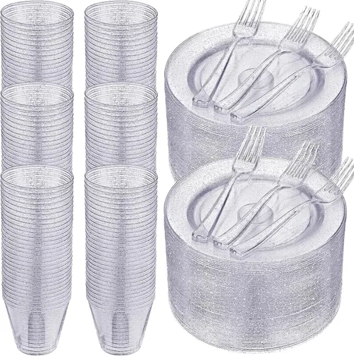 Miniatura 8 de Honeydak Juego de vajilla de plástico con purpurina dorada de 300 piezas para 100 invitados, 100 platos de boda de 7.5 pulgadas, 100 tazas doradas
