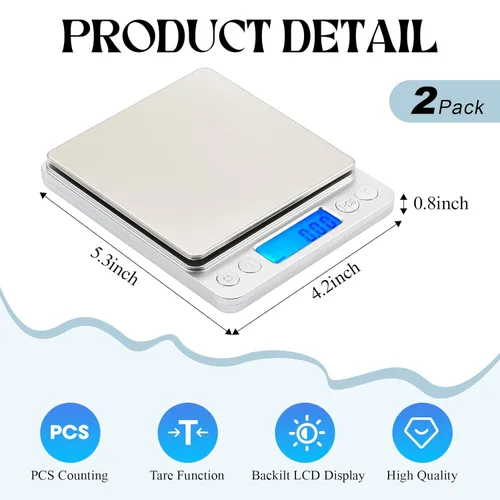 Miniatura 5 de Copkim Paquete de 2 básculas digitales de gramos, 17.64 oz/0.00 oz, báscula portátil de joyería para alimentos con accesorios de peso de calibración