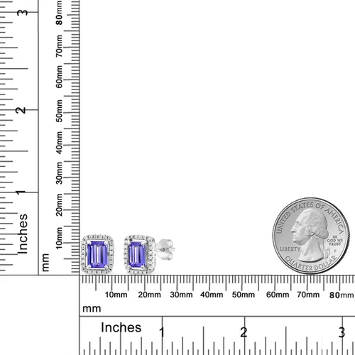 Miniatura 51 de Gem Stone King Aretes de plata de ley 925 con piedra natal Corte esmeralda de 0.315 x 0.236 in Aretes de halo para mujer