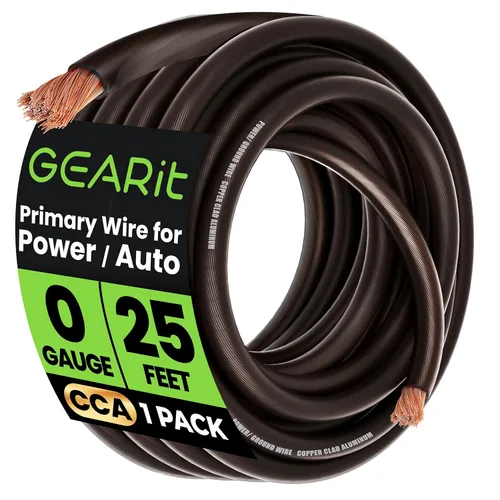 GEARit Cable de calibre 1/0 (25 pies - negro translúcido) de aluminio revestido de cobre CCA - Cable automotriz principal de alimentación/tierra,