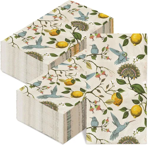 80 servilletas de papel desechables con diseño de pájaro azul, diseño retro de árbol de limón, servilletas de papel decorativas de temporada para el