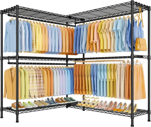 Miniatura 16 de ULIFHOME E15 - Perchero en forma de L para esquina, perchero independiente para colgar ropa, organizador de armario resistente con 4 varillas