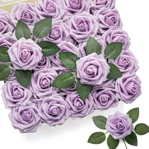 Mocoosy 50 rosas artificiales de color lavanda, rosas falsas para decoración, flores falsas de espuma de color morado claro con tallos para Lila