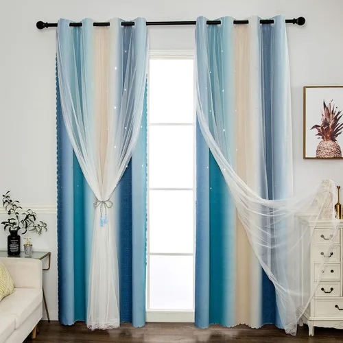 Miniatura 4 de vctops Cortinas opacas con diseño de rayas degradadas para ventana, de doble capa, de tul, cortinas recortadas con estrellas para dormitorio de Azul