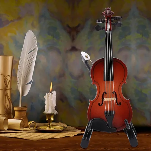 Miniatura 2 de HERCHR Violín en miniatura de madera, violonchelo en miniatura con soporte, mini instrumento musical, modelo de casa de muñecas en miniatura