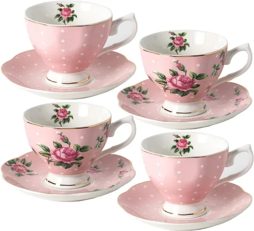 Miniatura 12 de BTaT- Juego de 2 tazas de té y platillos florales, 8 onzas, juego de tazas de té de porcelana fina con ribete dorado para té de la tarde, bodas, Azul