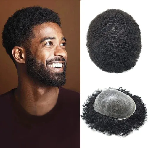 Miniatura 12 de All Poly African American Mens Toupee Unidades de cabello humano brasileño para hombres negros Afro Toupee para hombre negro inyección de PU 1#