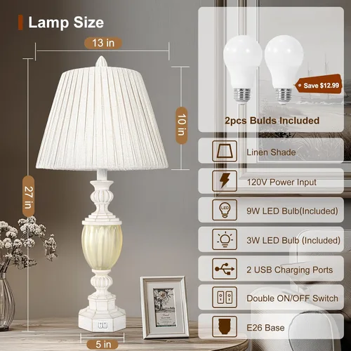 Miniatura 2 de Juego de 2 lámparas de mesa rústicas de 27" con luz nocturna para dormitorio, sala de estar, carga USB, lámpara de mesita de noche de granja