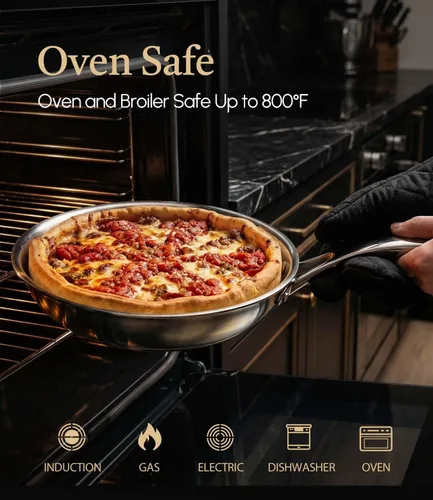 Miniatura 8 de Sartén de acero inoxidable de 8 pulgadas con tapa, base revestida de 5 capas, sartenes seguras de 800 ℉ para calefacción uniforme, utensilios