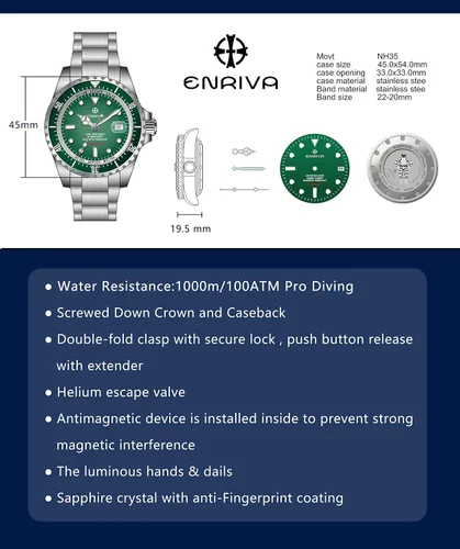Miniatura 7 de ENRIVA Men's 1000m Automatic Pro Diver Watch Aluminium Bezel Diving Watches Self-Wind Professional Diver Watches for Men